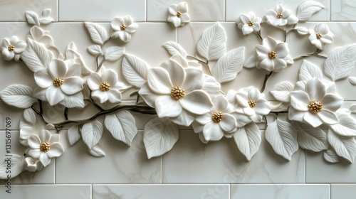 Ornate white flower relief on beige tile wall