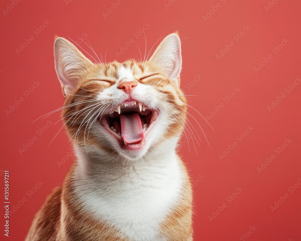 Obraz premium Funny Happy Orange Ginger Tabby Cat Laughing or Yelling with Wide Open Mouth on Red Background
