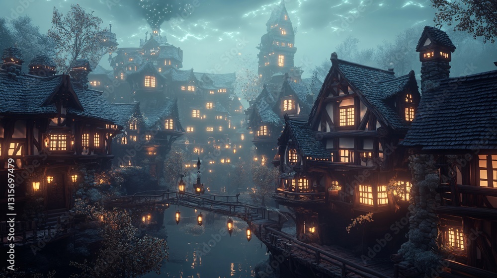 Obraz premium Fantasy Village at Dusk with Enchanted Wooden Houses and Glowing Lanterns