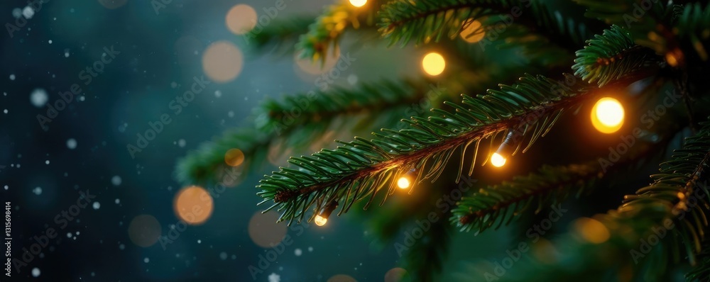 Delicate fairy lights weave through the tree's needles, glow, christmas tree Delicate fairy lights weave through the tree's needles, glow, christmas tree