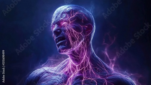 A terrifying monster with skin resembling human muscle tissue, its veins pulsating with eerie bioluminescence