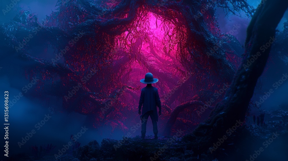 Surreal Pink Forest Mysterious Figure Glowing Trees Fantasy Landscape Surreal Pink Forest Mysterious Figure Glowing Trees Fantasy Landscape