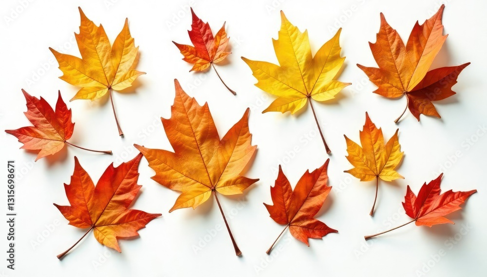 Fototapeta premium dried rubber tree leaves scattered on white background with clipping path, botanical, natural