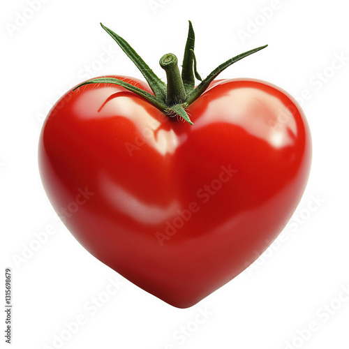 A fresh red tomato naturally shaped like a heart is isolated on a transparent background in PNG format, symbolizing health, love, and organic freshness.