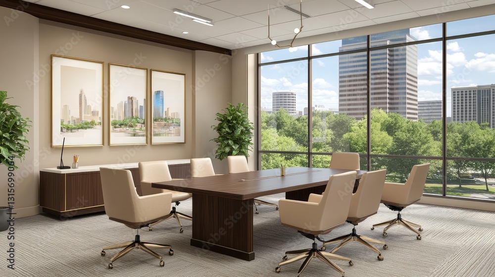 Fototapeta premium A modern conference room with an elegant table and chairs, bathed in natural light. Large windows overlook a city skyline, symbolizing business success and growth.
