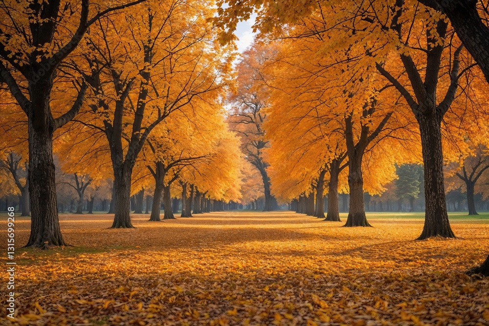 Fototapeta premium Breathtaking Autumn Landscape of Golden Hazel Trees in a Serene Park