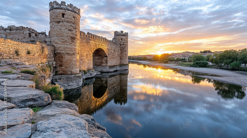 majestic stone fortress surrounded by calm river at sunset majestic stone fortress surrounded by calm river at sunset