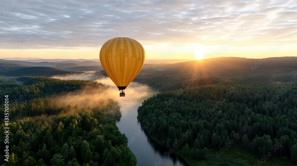 Obraz premium serene hot air balloon ride over misty forest at sunrise