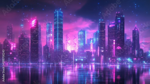 Wallpaper Mural Sci-fi city skyline illustration, neon reflections, futuristic vibes Torontodigital.ca