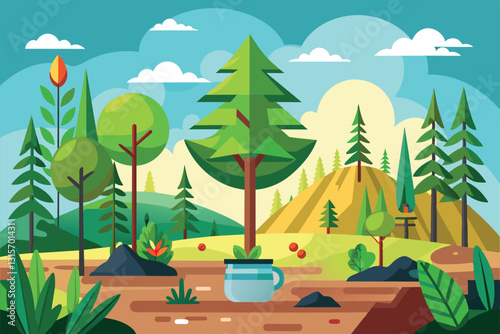 A colorful landscape showcases various trees and plants, emphasizing reforestation and environmental care, Reforestation Customizable Semi Flat Illustration