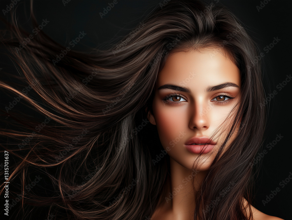 beautiful woman with flowing hair against dark background, showcasing her striking features and captivating expression. Her hair moves gracefully, adding to allure beautiful woman with flowing hair against dark background, showcasing her striking features and captivating expression. Her hair moves gracefully, adding to allure