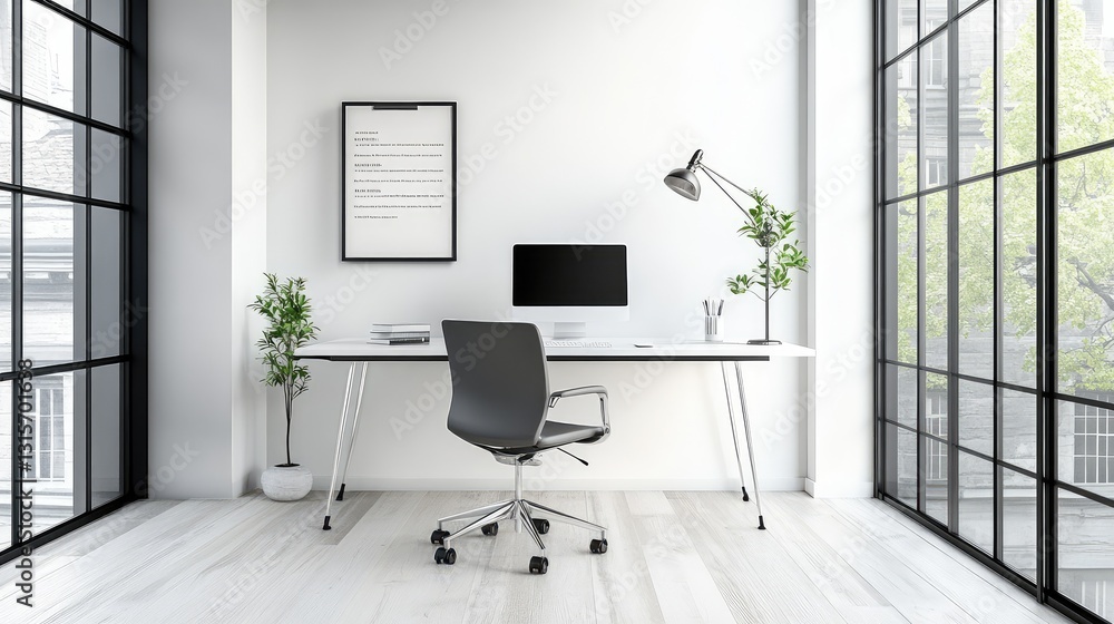 Fototapeta premium A sleek and modern workspace with a minimalistic design, an ergonomic chair, and a motivational quote on the wall.