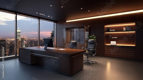 Wallpaper Mural A sleek modern office space with a large wooden desk, ergonomic chair, and desktop monitor, illuminated by soft natural light. Torontodigital.ca