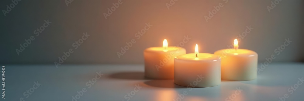 Softly glowing three white candles illuminate a serene atmosphere, calm, shadows Softly glowing three white candles illuminate a serene atmosphere, calm, shadows
