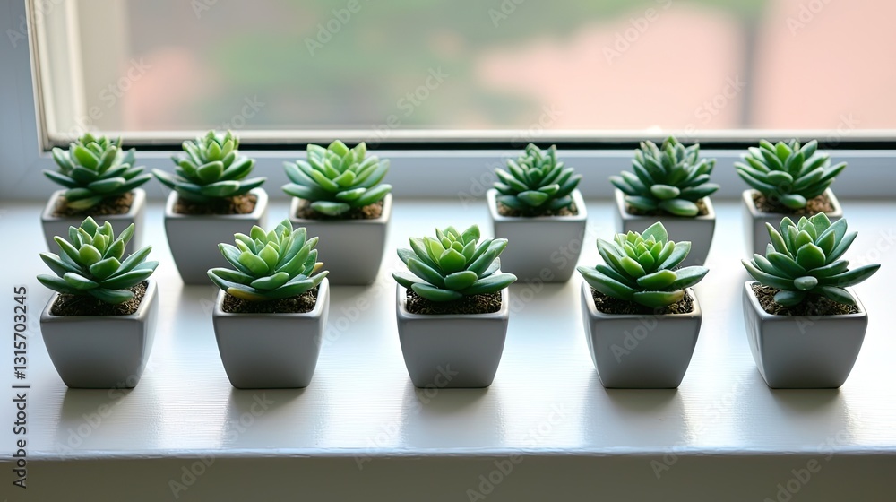 Arranged Succulent Plants in Minimalist White Pots on a Windowsill Bathed in Soft Natural Light a Vibrant Indoor Garden Space Arranged Succulent Plants in Minimalist White Pots on a Windowsill Bathed in Soft Natural Light a Vibrant Indoor Garden Space