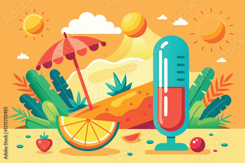 Enjoy a bright summer scene featuring a colorful drink, fruits, and a beach umbrella under the sun, Refreshing from summer heat Customizable Flat Illustration
