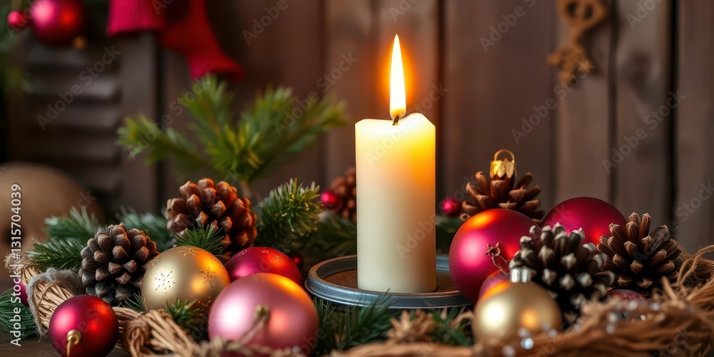 A flickering candle illuminates a rustic Christmas still life with ornaments and pine cones, christmas tree, traditional A flickering candle illuminates a rustic Christmas still life with ornaments and pine cones, christmas tree, traditional