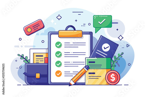 A detailed illustration showcasing the steps involved in managing customizable refund requests with documents and tools, Refund Customizable Flat Illustration