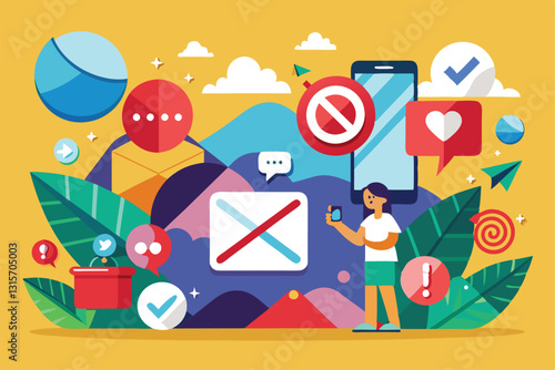 A person stands with a smartphone, surrounded by colorful icons symbolizing social media rejection and connection, Refuse from social networks and messengers