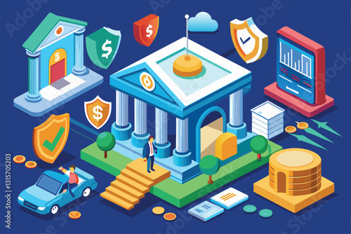 This graphic illustrates a modern bank environment with services, digital elements, and financial activities, regarding bank security