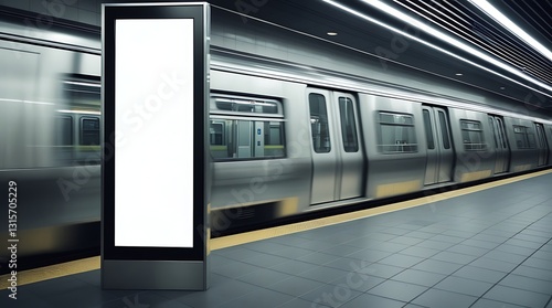 Fototapeta Naklejka Na Ścianę i Meble -  Blank advertising billboard in a modern subway station with a moving train in the background, ideal mockup space for urban advertising, branding, or commercial promotions

