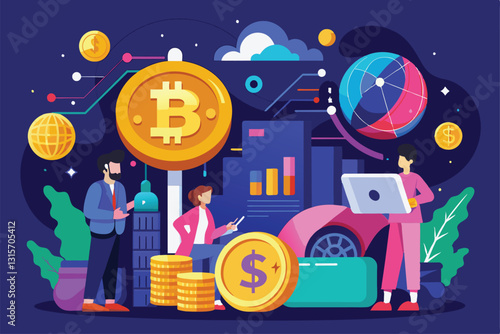 A diverse group works around digital currency and charts in a vibrant setting illustrating cryptocurrency trends, regarding bitcoin business
