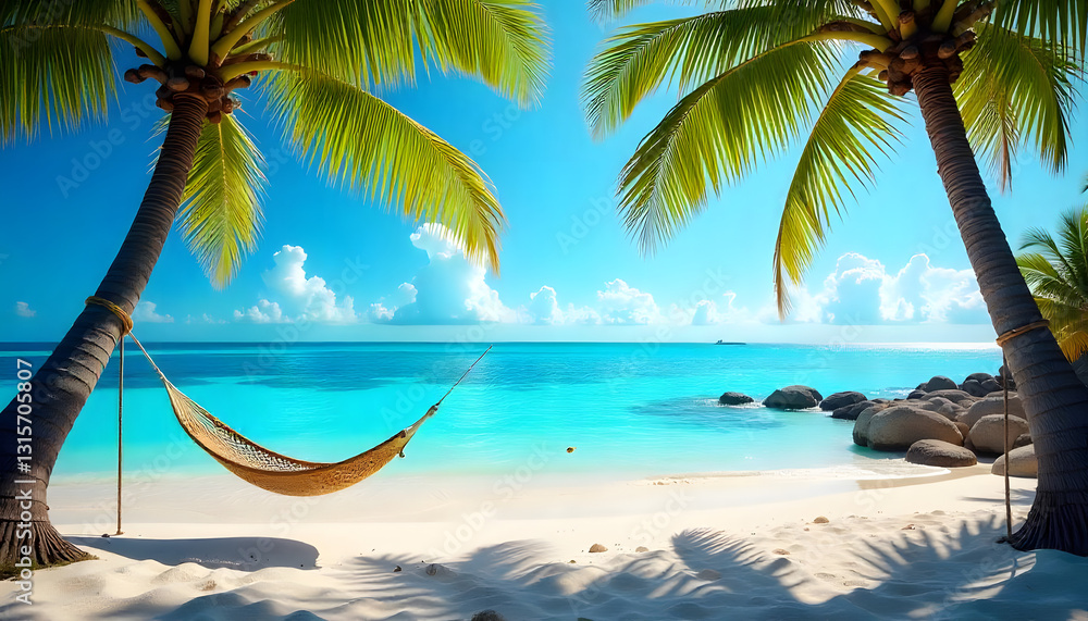 Obraz premium the tranquil paradise of the hammock swaying between palm trees, overlooking crystal-clear turquoise waters