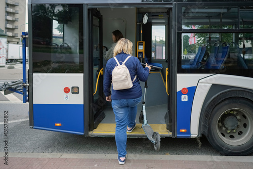 Young woman boarding a city bus with a scooter, embodying the spirit of urban mobility and accessibility