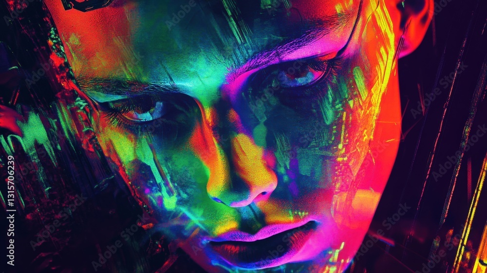 Fototapeta premium Neon cyberpunk poster, glitch effects, futuristic digital art