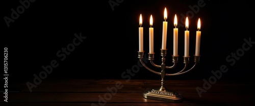 A menorah with lit candles sits on a dark wooden table, golden, flame