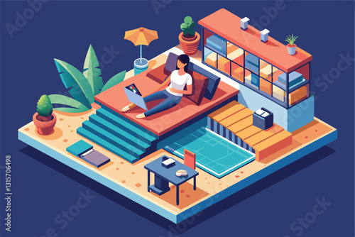 A person enjoys a relaxing day working on a laptop in a vibrant outdoor setting by the pool, Relaxation Customizable Isometric Illustration
