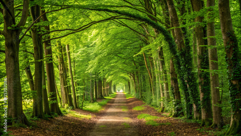 Fototapeta premium serene walkway in lush green beech forest, surrounded by vibrant foliage and sunlight filtering through leaves, creating peaceful atmosphere