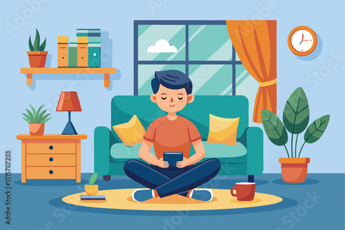 Relaxing at home in a bright living room while using a tablet and surrounded by cozy decor, Relaxing at home Customizable Cartoon Illustration