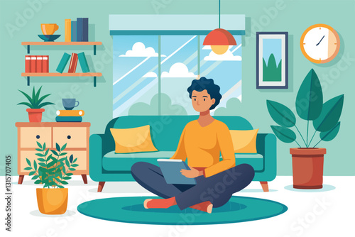 Relaxing at home, an individual sits on the floor with a book, surrounded by a peaceful living space, Relaxing at home Customizable Disproportionate Illustration