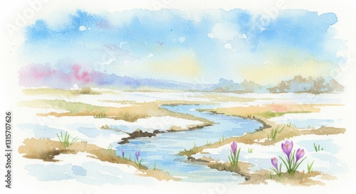 雪解けの小川に咲く花と蝶の春の水彩画