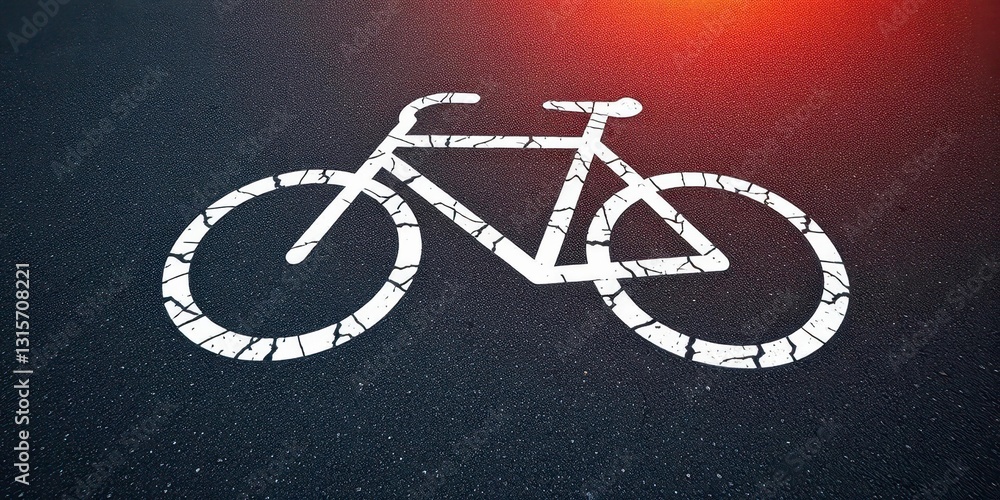 A stark white bicycle symbol painted on dark gray asphalt, cycling, icon A stark white bicycle symbol painted on dark gray asphalt, cycling, icon