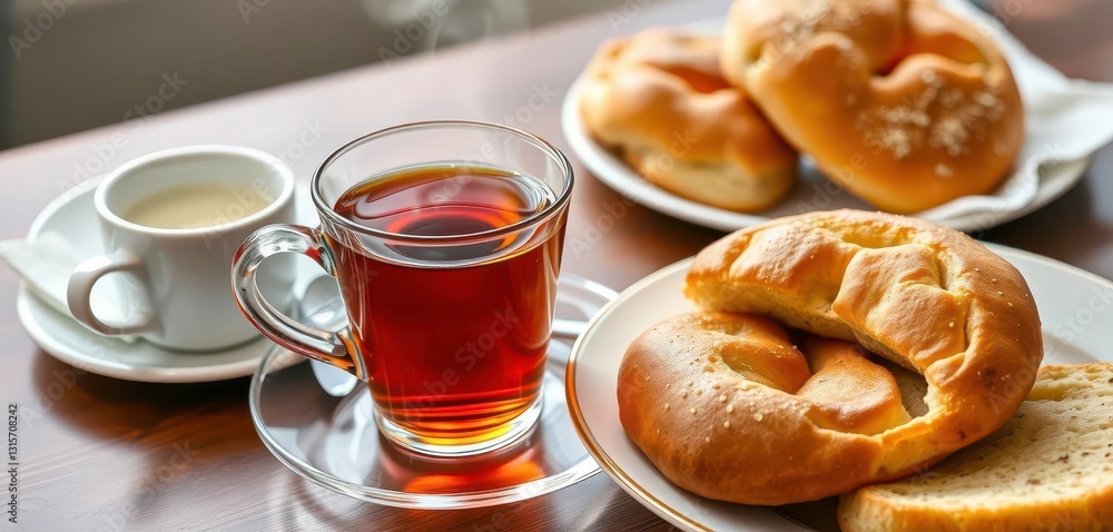 A steaming cup of tea beside a plate of pastries and breakfast bread, scones, still life A steaming cup of tea beside a plate of pastries and breakfast bread, scones, still life