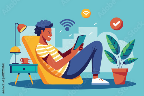 A man enjoys his leisure time, using his phone to connect online while sitting comfortably at home, Relax on the phone with the internet