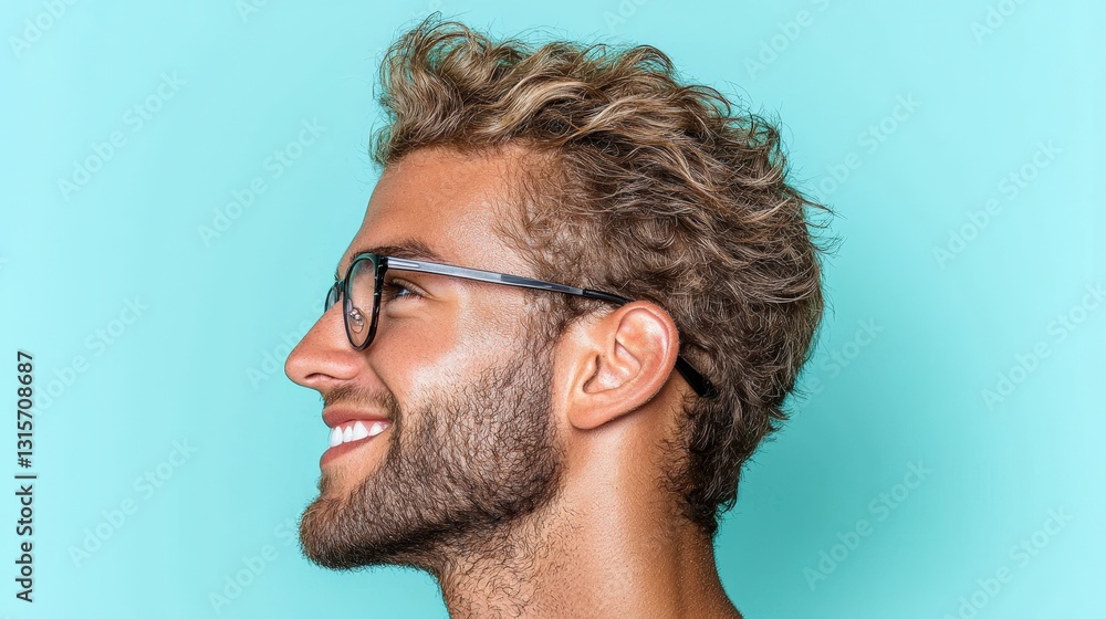 Obraz premium Happy Man Profile Smiling Glasses Curly Hair Blue Background