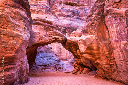 Sand Dune Arch in Arches national park, Utah. Sand Dune Arch is a pretty little arch squeezed between high canyon walls.