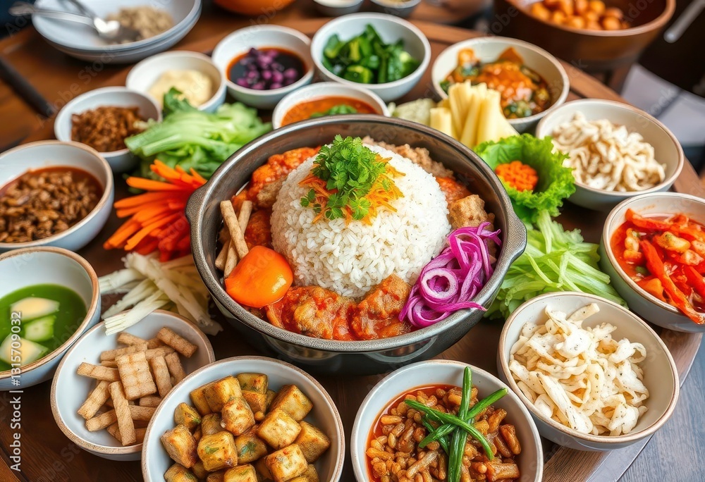 A vibrant bibimbap bowl surrounded by an array of colorful banchan side dishes, set on a traditional Korean table, side dishes, culture A vibrant bibimbap bowl surrounded by an array of colorful banchan side dishes, set on a traditional Korean table, side dishes, culture