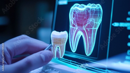 Close up of mouse click triggering a 3D dental scan where a tooth model emerges from the screen symbolizing the evolution of online dentistry and tele dental consultations