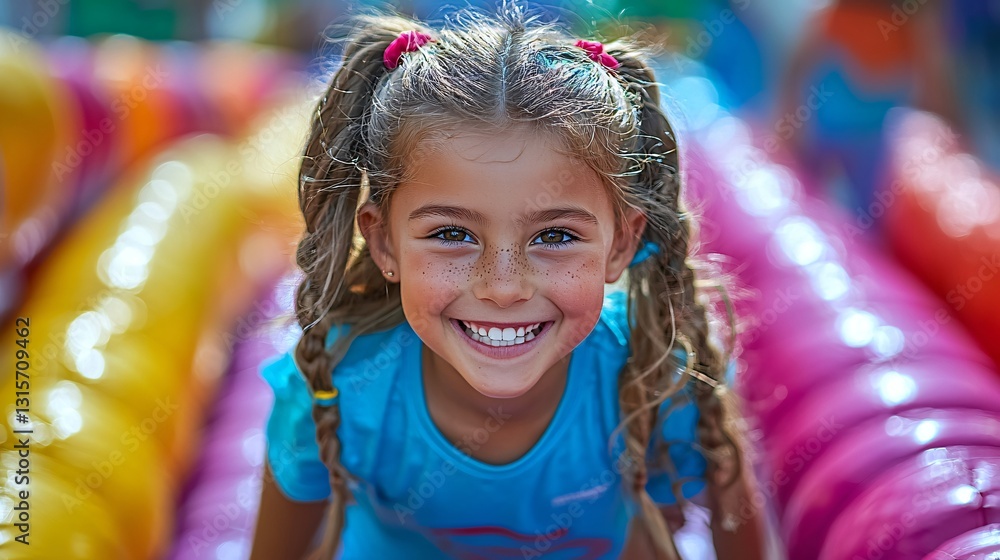 Cheerful girl with pigtails laughing joyfully in a colorful inflatable play area Cheerful girl with pigtails laughing joyfully in a colorful inflatable play area