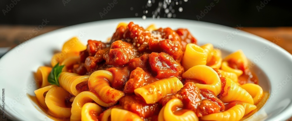 A vibrant plate of conchiglie pasta swimming in rich Bolognese sauce, glistening with olive oil, bowl, top view A vibrant plate of conchiglie pasta swimming in rich Bolognese sauce, glistening with olive oil, bowl, top view