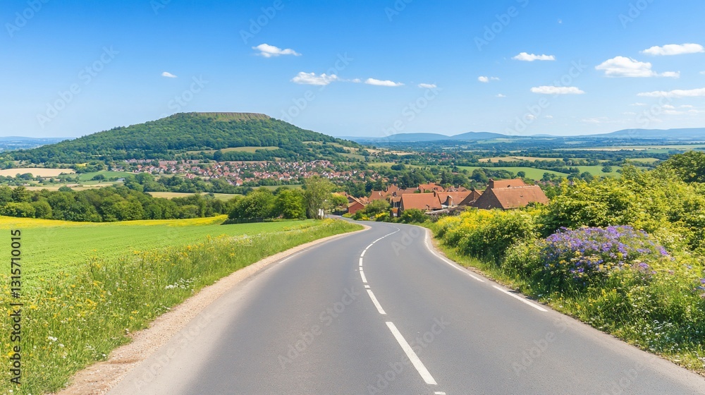 Naklejka premium Winding road, village, hill, summer, countryside, landscape, scenic, drive, France, travel