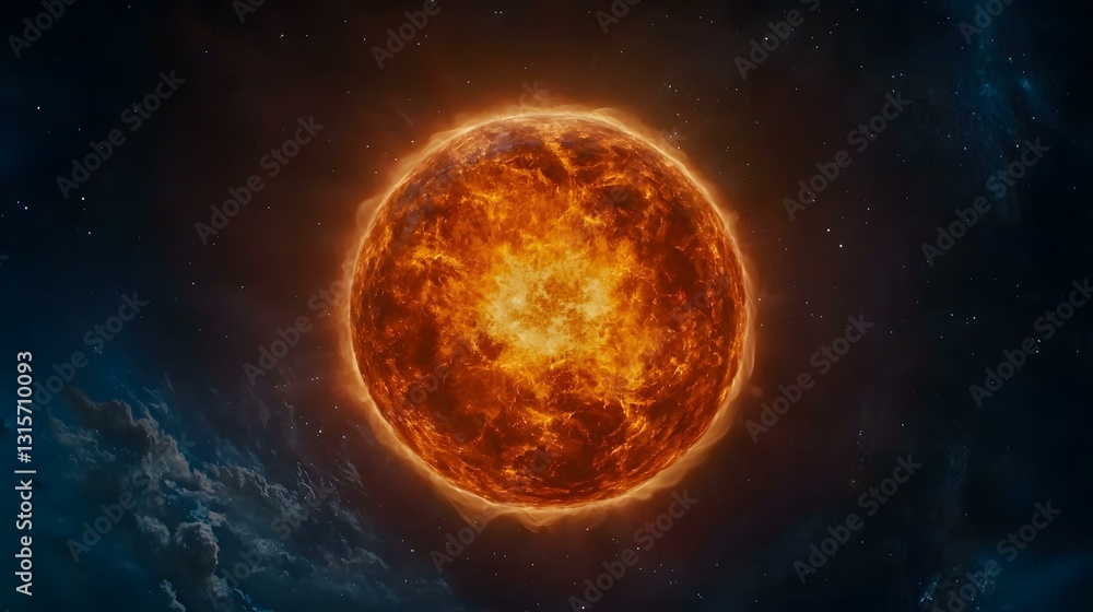 The image shows a fiery, intensely bright star in the vast expanse of space, surrounded by dark nebulae and distant stars. The image shows a fiery, intensely bright star in the vast expanse of space, surrounded by dark nebulae and distant stars.