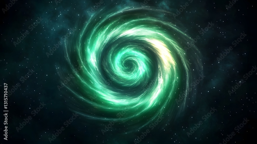 The image shows a swirling nebula in space, predominantly teal and green, with a bright center and scattered stars. The image shows a swirling nebula in space, predominantly teal and green, with a bright center and scattered stars.