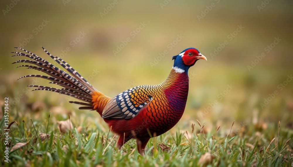 Fototapeta premium A wild pheasant foraging in a field, vibrant plumage, conservation, stock photo