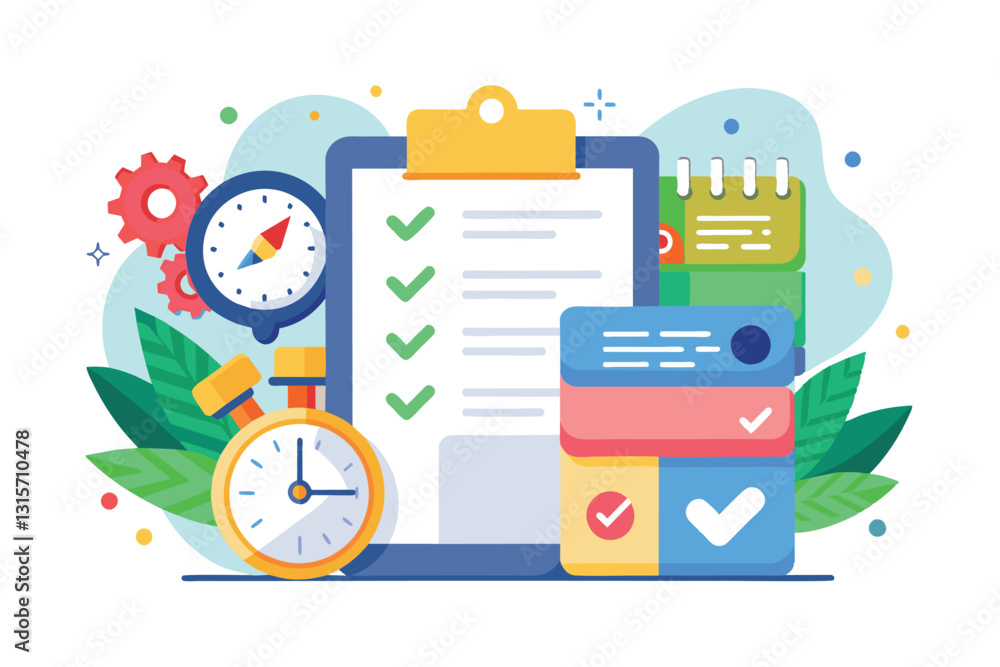 Obraz premium Illustrated tools for setting reminders and managing tasks, featuring clocks, checklists, and calendars, Reminders Customizable Flat Illustration