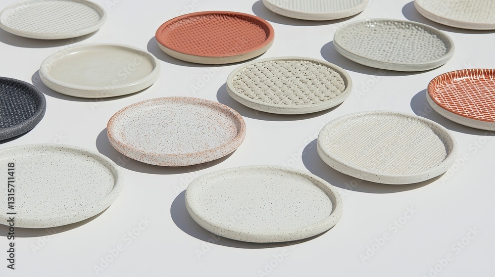 Naklejka premium Diverse Array of Artisan Ceramic Plates with Unique Textures and Patterns on a Light Background for Stylish Dining and Home Decor